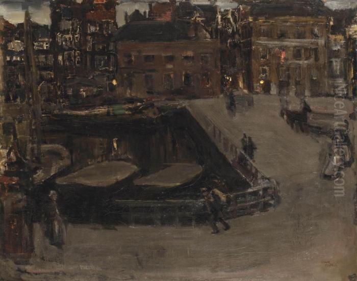 View Of The Damrak, Amsterdam, At Night Oil Painting by Isaac Lazarus Israels