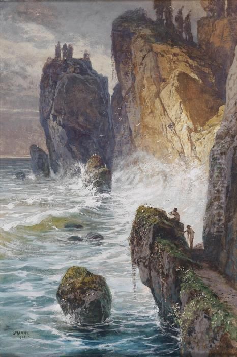Mythological Motif With Fauns On A Rocky Coast Oil Painting by Georg Janny