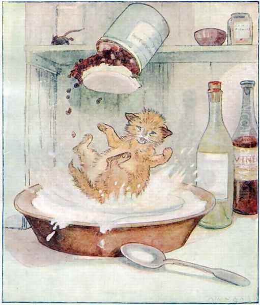 Wee Kitty fell into the cream..., illustration from Cuddly Kitty and Busy Bunny, by Clara G. Dennis, published by Thomas Nelson and Sons, Ltd., 1926 Oil Painting by Alan Wright