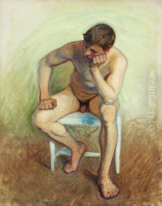 Seated Nude On White Chair Oil Painting by Eugene Jansson