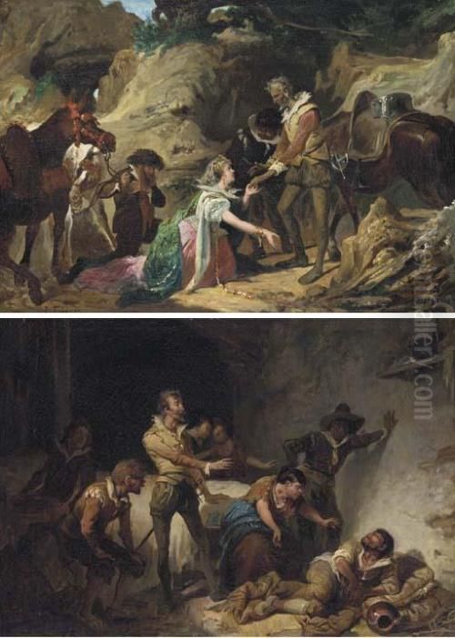 Dorotea Pretends To Be The 
Princess Micomicona; And Sancho Panzadrinks The True Balsam Of Fierbras:
 Two Scenes From Donquixote Oil Painting by Jose Jimenez y Aranda