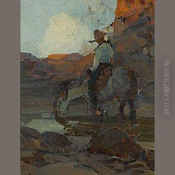 Mounted Horse At A Watering Hole Oil Painting by Frank Johnson