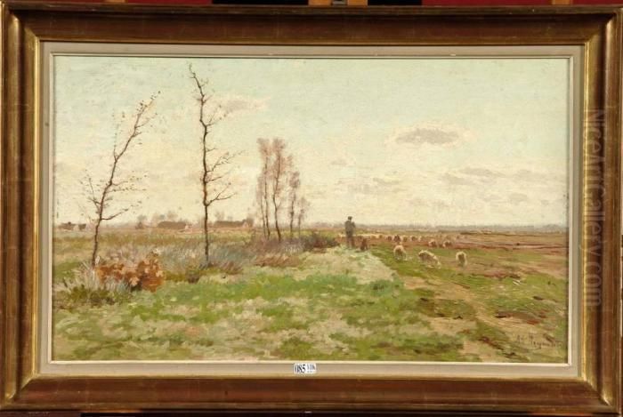 Berger Et Son Troupeau Au Pre Oil Painting by Adrien Josef Heymans