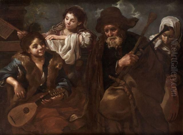 Scene Bamboche : Allegorie De L'ouie Oil Painting by Bernhard Keil, Monsu Bernardo