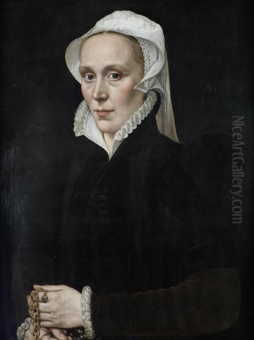 Portrait Of A Lady, Half-length, In A Black Dress Oil Painting by Adriaen Thomasz. Key