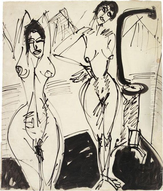 Nackte Frauen Am Ofen - Zwei Nackte Frauen Im Atelier Oil Painting by Ernst Ludwig Kirchner