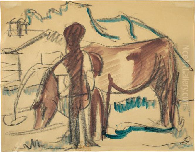 Bauer Mit Kuh Vor Landschaft (stafelalp) Oil Painting by Ernst Ludwig Kirchner