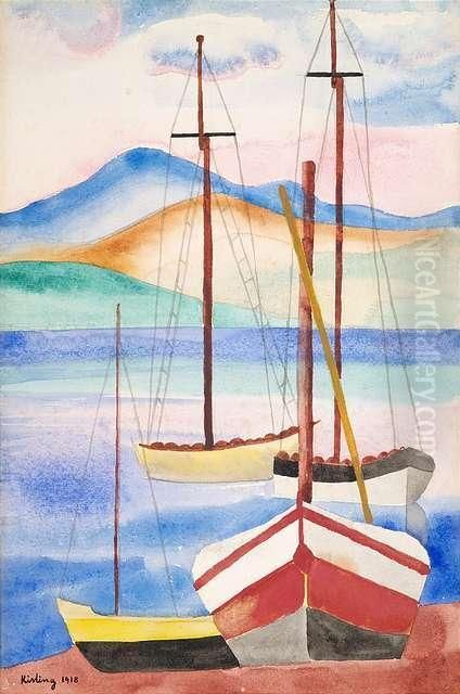 Sailing Boats In A Harbour Oil Painting by Jean Kisling