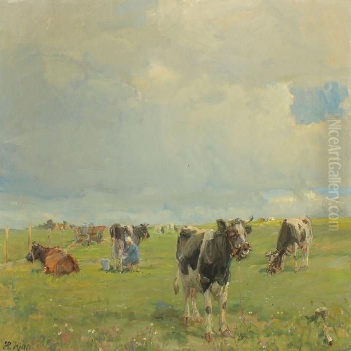 Cows Are Milked In The Meadow Oil Painting by Harald Kjaer