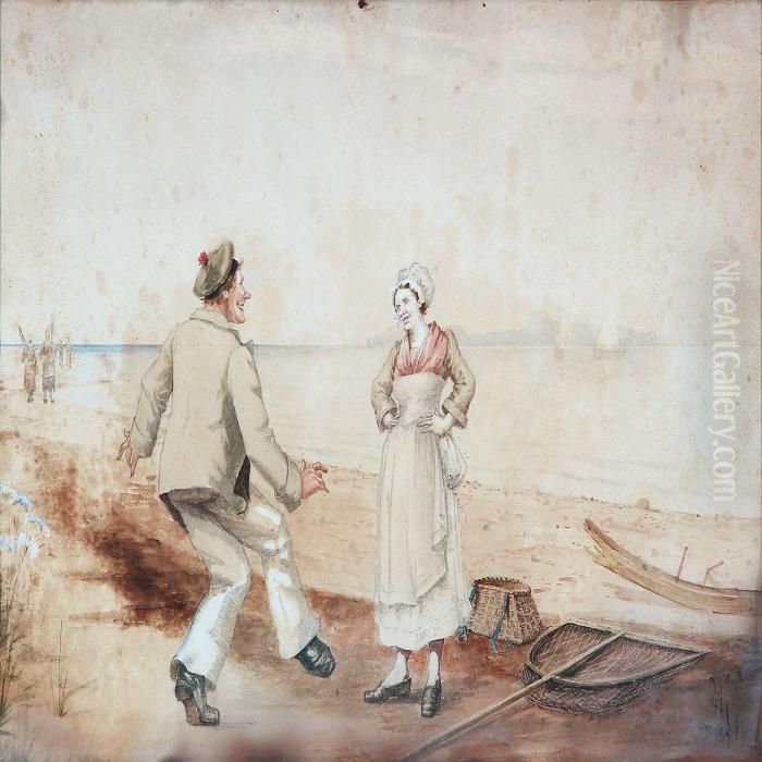 Two Love Scenes With Sailor And Fisher Flirting With A Woman Oil Painting by Hans Christian Koefoed