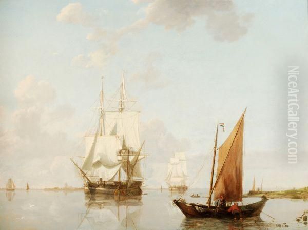 A Calm Estuary Oil Painting by Johannes Hermanus Koekkoek Snr