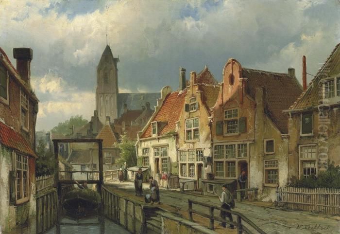 Figures On A Canal In Oudewater, Holland Oil Painting by Willem Koekkoek