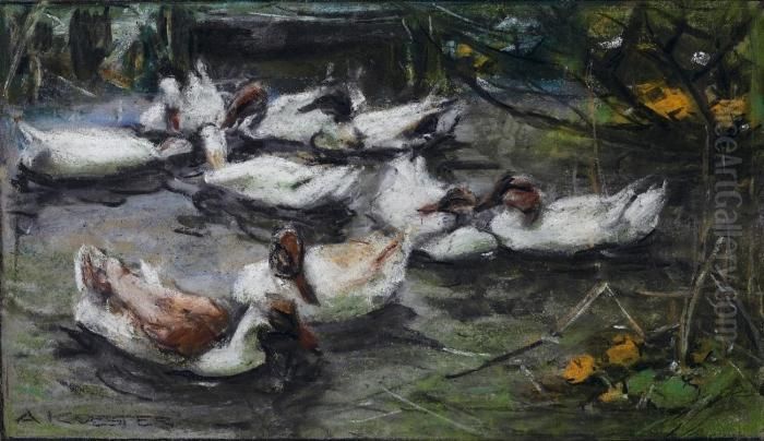 Neun Weisse Enten Im Wasser Oil Painting by Alexander Max Koester