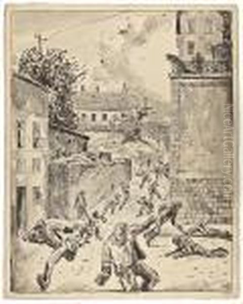 Scontro A Fuoco Nella Via Di Un Paese Oil Painting by Jan Konupek