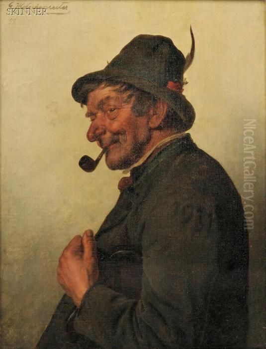 Gent With A Pipe And Feathered Cap Oil Painting by G.Hugo Kotschenreiter