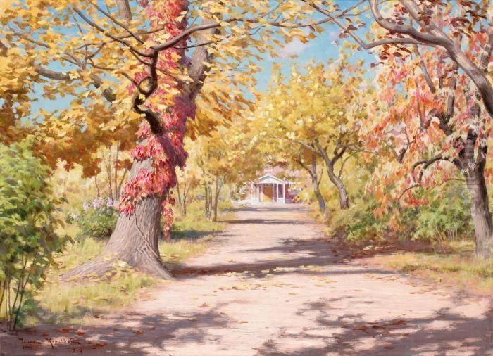 Hus Vid Hostskimrande Trad Oil Painting by Johan Krouthen