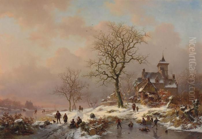 Winter Landscape With Figures Playing On The Ice Oil Painting by Frederik Marianus Kruseman