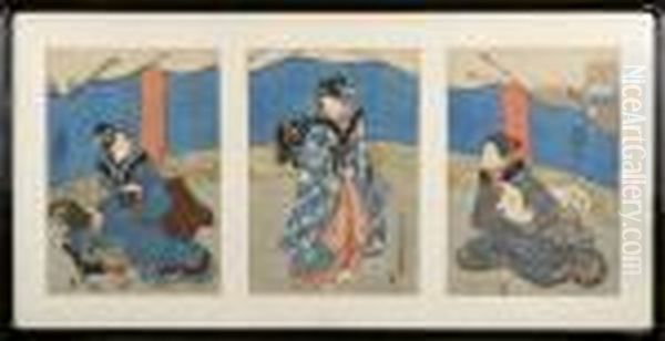Le Combat De Coqs Oil Painting by Gototei Kunisada