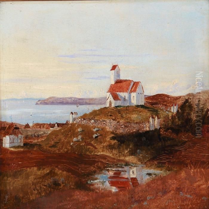 View Towards Helgenaes Church, Denmark Oil Painting by Janus Andreas Bartholin La Cour