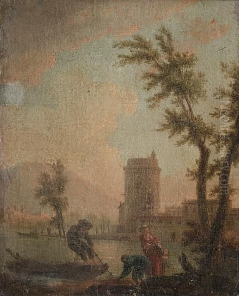 Fishermen Returning From Their 
Catch, Before A Mediterranean Coastal Landscape, With A City In The 
Distance Oil Painting by Charles Francois Lacroix de Marseille