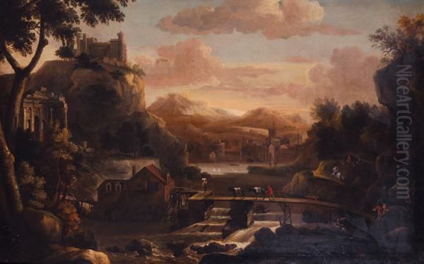 Paesaggio Fluviale Con 
Ponte,figure E Rovine Sulla Sinistra, In Lontananza Scorcio Di Paese Oil Painting by Charles Francois Lacroix de Marseille
