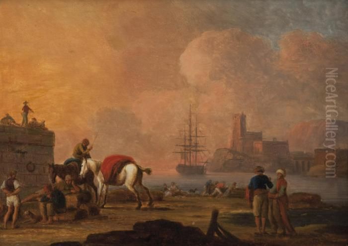 Veduta Di Porto Oil Painting by Charles Francois Lacroix de Marseille