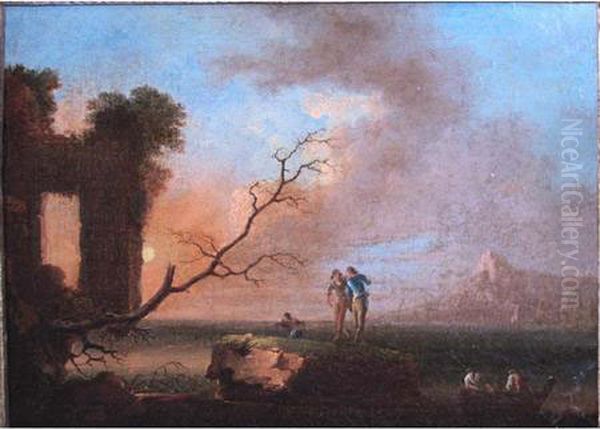 Fishermen Beside A Bay At Sunset Oil Painting by Charles Francois Lacroix de Marseille