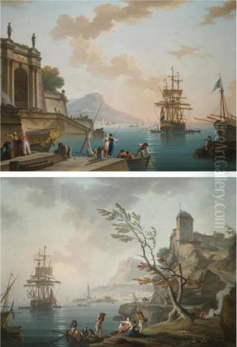 Morning: A View Of A 
Mediterranean Port At Sunrise With Figures Gathered On The Nearside 
Quay; Evening: A View Of A Mediterranean Port At Dusk, With Figures 
Unloading Cargo From A Rowing Boat Onto The Shore Oil Painting by Charles Francois Lacroix de Marseille