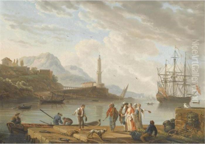 A Mediterranean Harbour Scene With Figures Conversing In The Foreground Oil Painting by Charles Francois Lacroix de Marseille