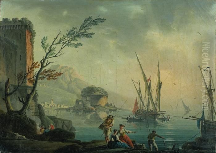 Pecheurs Pres De Ruines. Oil Painting by Charles Francois Lacroix de Marseille