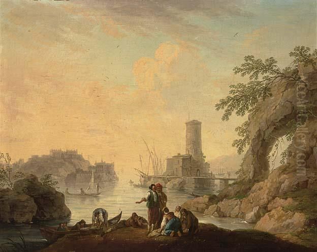 Called Lacroix De Marseille A Mediterranean Coastal 

 Landscape At Sunset With Fishermen In A Bay A Fortified 

 Tower On A Rock Beyond;

 A Mediterranean Coastal Landscape With F Oil Painting by Charles Francois Lacroix de Marseille