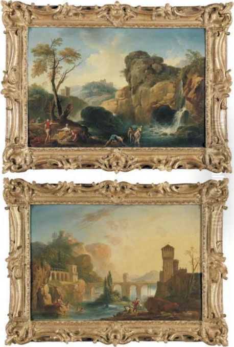 Bathers Frolicking Along A 
Riverbank With A Bridge And A Fortress Beyond; Bathers Frolicking By A 
Waterfall Oil Painting by Charles Francois Lacroix de Marseille
