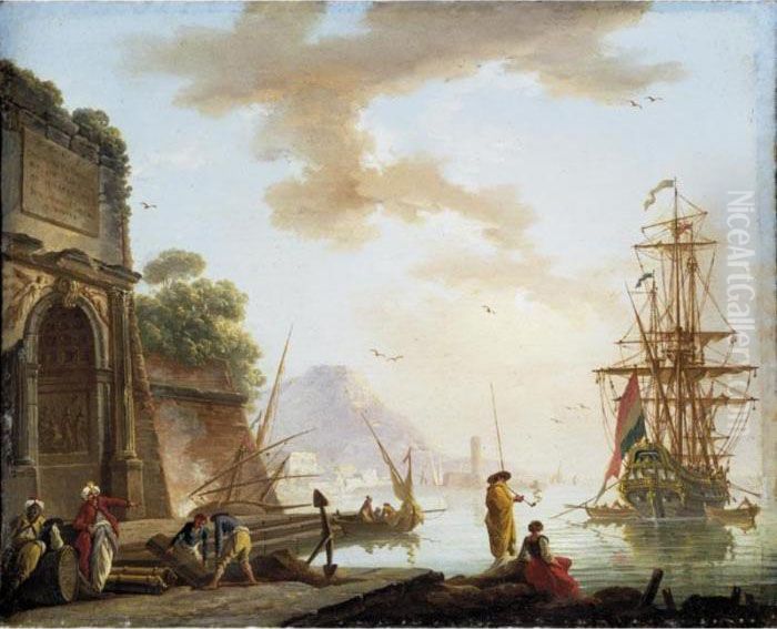 A Mediterranean Sea Port With 
Orientals Conversing Beneath An Ancient Roman Arch, A Man-o'-war At 
Anchor Beyond Oil Painting by Charles Francois Lacroix de Marseille