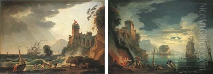 Pecheurs Remontant Leur Filet Au
 Clair De Lune; Et Pecheurs Tirant Une Barque Par Temps Orageux Oil Painting by Charles Francois Lacroix de Marseille