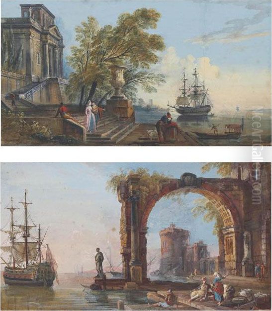 Views Of Classical Harbours, One
 With A Palladian Palace, The Other With A Tower Seen Through A Coffered
 Arch Oil Painting by Jean-Baptiste Lallemand