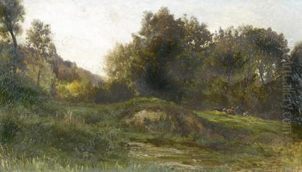 Hugelige Landschaftspartie Mit Kuhherde. Oil Painting by Emile Charles Lambinet