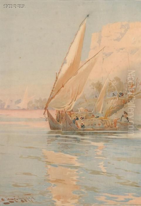 Two Views Of Sailing Along The Nile Oil Painting by Augustus Osborne Lamplough