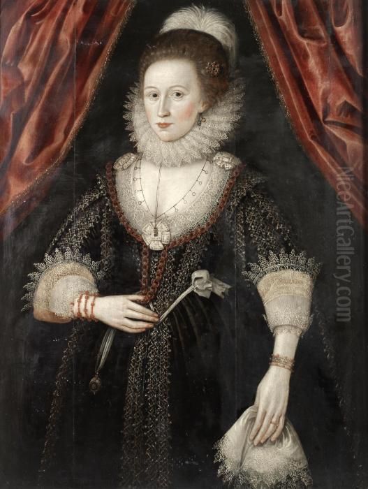 Portrait Of A Lady, 
Three-quarter-length, In A Black Embroidered Dress, White Lace Collar 
And Cuffs And Coral Jewellery, Standing Before A Red Curtain Oil Painting by William Larkin