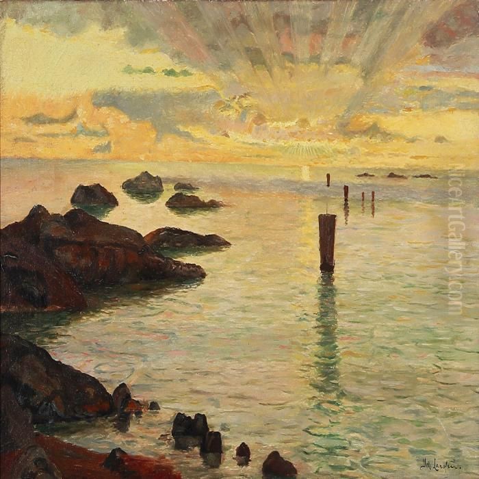View From A Norwegian Coast At Sunrise Oil Painting by Johann Larssen