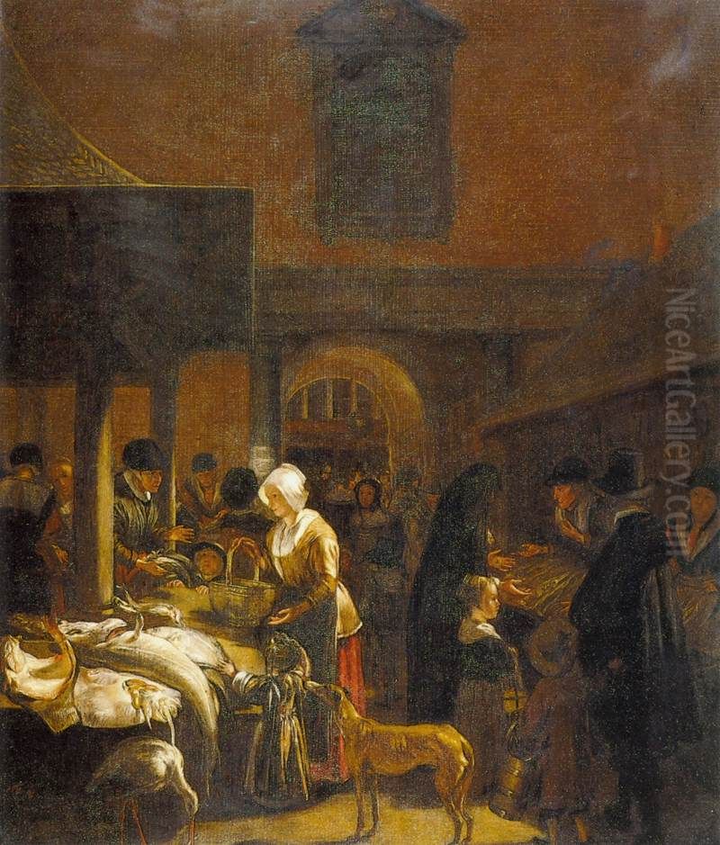 The Old Fish Market on the Dam, Amsterdam Oil Painting by Emanuel de Witte