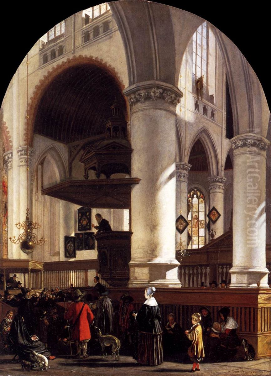 Interior of the Oude Kerk at Delft during a Sermon Oil Painting by Emanuel de Witte