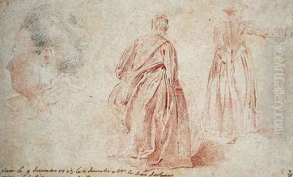 Rear View of Two Women and the Head of a Woman, 1723 Oil Painting by Jean-Antoine Watteau