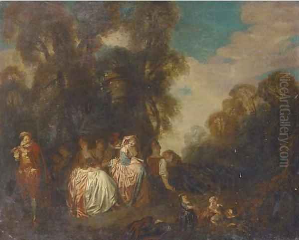 A fete champetre with elegant company listening to music Oil Painting by Jean-Antoine Watteau