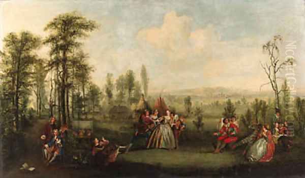 Blind Man's Buff, with the artist at work in the foreground Oil Painting by Jean-Antoine Watteau