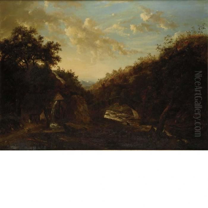 Rugged Landscape With Figures Beside A Mill Oil Painting by Frederick Richard Lee, R.A.