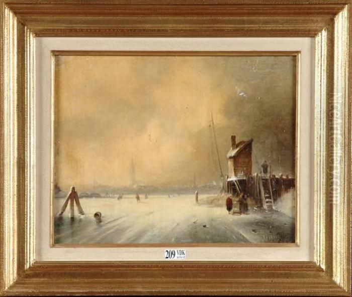 Paysage Enneige Aux Patineurs Oil Painting by Charles Henri Leickert