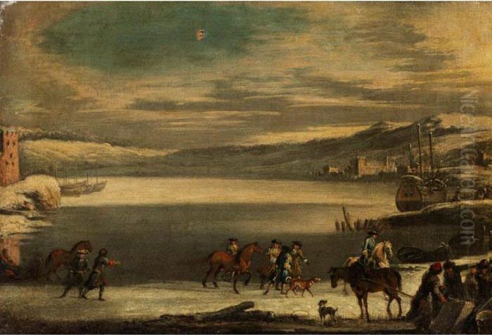 Winterliche Uferlandschaft Mit Ziehenden Reitern Oil Painting by Johann Philipp Lembke
