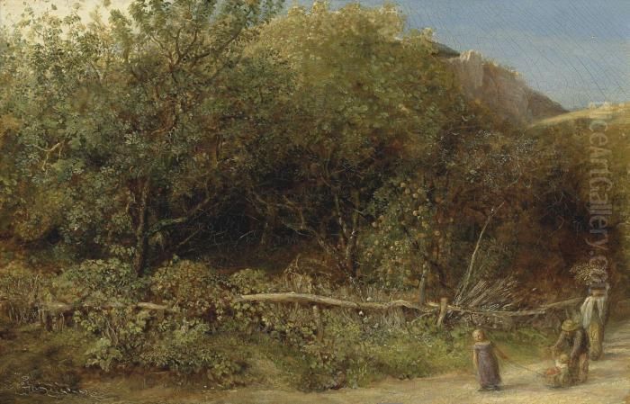 Figures On A Wooded Track Oil Painting by John Linnell