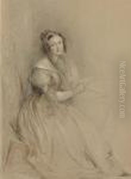 R.a. Portrait Of Mrs Nasmyth, 
Full-length, Seated And Holding A Letter In Her Right Hand Signed And 
Dated 'j Linnell Fe 
C 
T 
 1836' Pencil And Coloured Chalks With Brown Wash On Buff Paper 23 3/8 X
 17 In Oil Painting by John Linnell