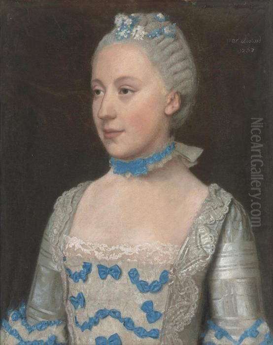 Portrait Of Madame Saint Pol, 
Half-length, In A Light Blue Gown Trimmed With Blue Silk Bows And White 
Lace Oil Painting by Etienne Liotard